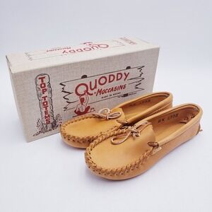 Vintage Quoddy Moccasins Soleless Deerskin Tan Loafers Handsewn Women's Size 6.5